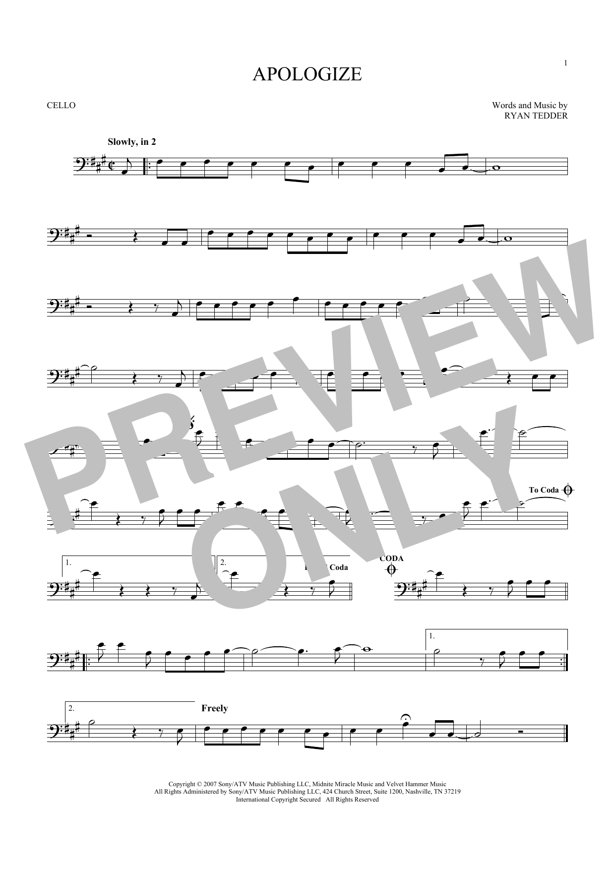 Produktgalerie: Seite 1 von 1 Apologize, OneRepublic, Violoncello