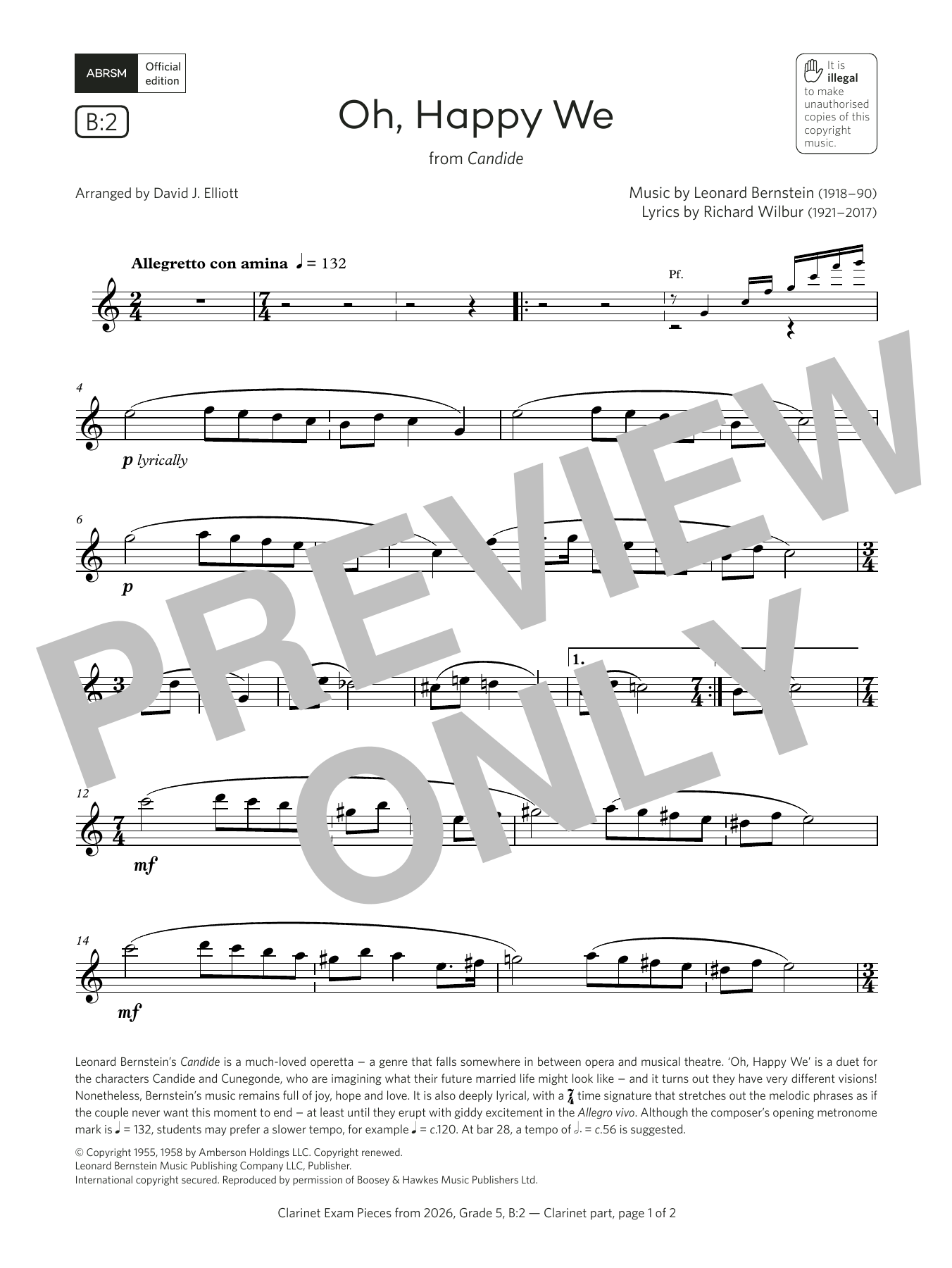 Product gallery: Page 1 of 1 Oh, Happy We (Grade 5, list B2, from the ABRSM Clarinet Syllabus from 2026), Leonard Bernstein