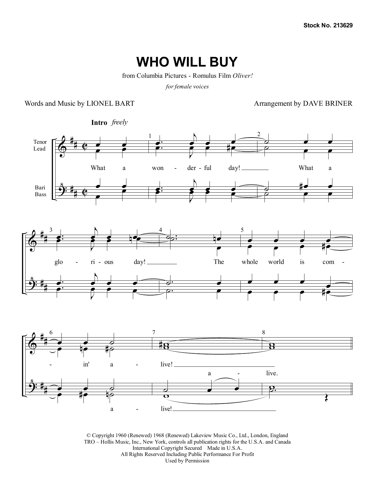Product gallery: Page 1 of 1 Who Will Buy (from Oliver!) (arr. Dave Briner), Lionel Bart