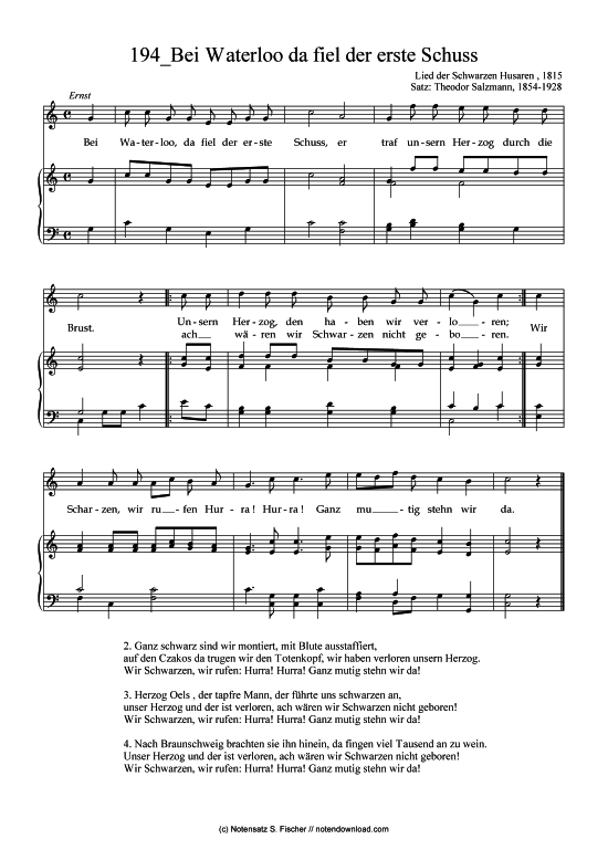 Product picture to: Bei Waterloo da fiel der erste Schuss Lied der Schwarzen Husaren , 1815 Satz: Theodor Salzmann, 1854-1928 