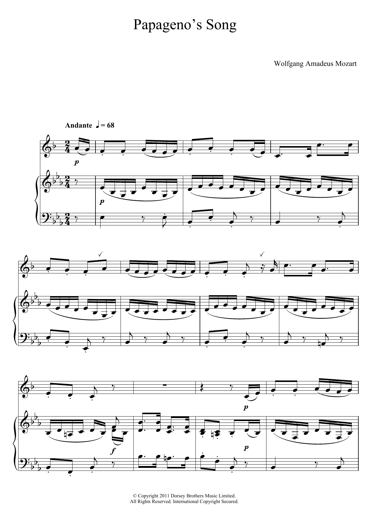 Product gallery: Page 1 of 1 Papageno, The Bird Catcher's Aria (Der Vogelfanger) (from The Magic Flute), Wolfgang Amadeus Mozart