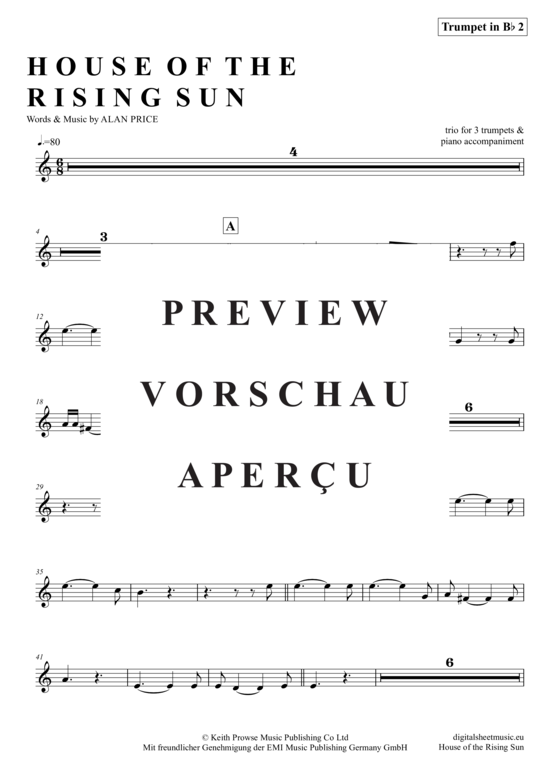 Produktgalerie: Seite 14 von 21 The House Of The Rising Sun , Animals, The, (Trompeten Trio + Klavier)
