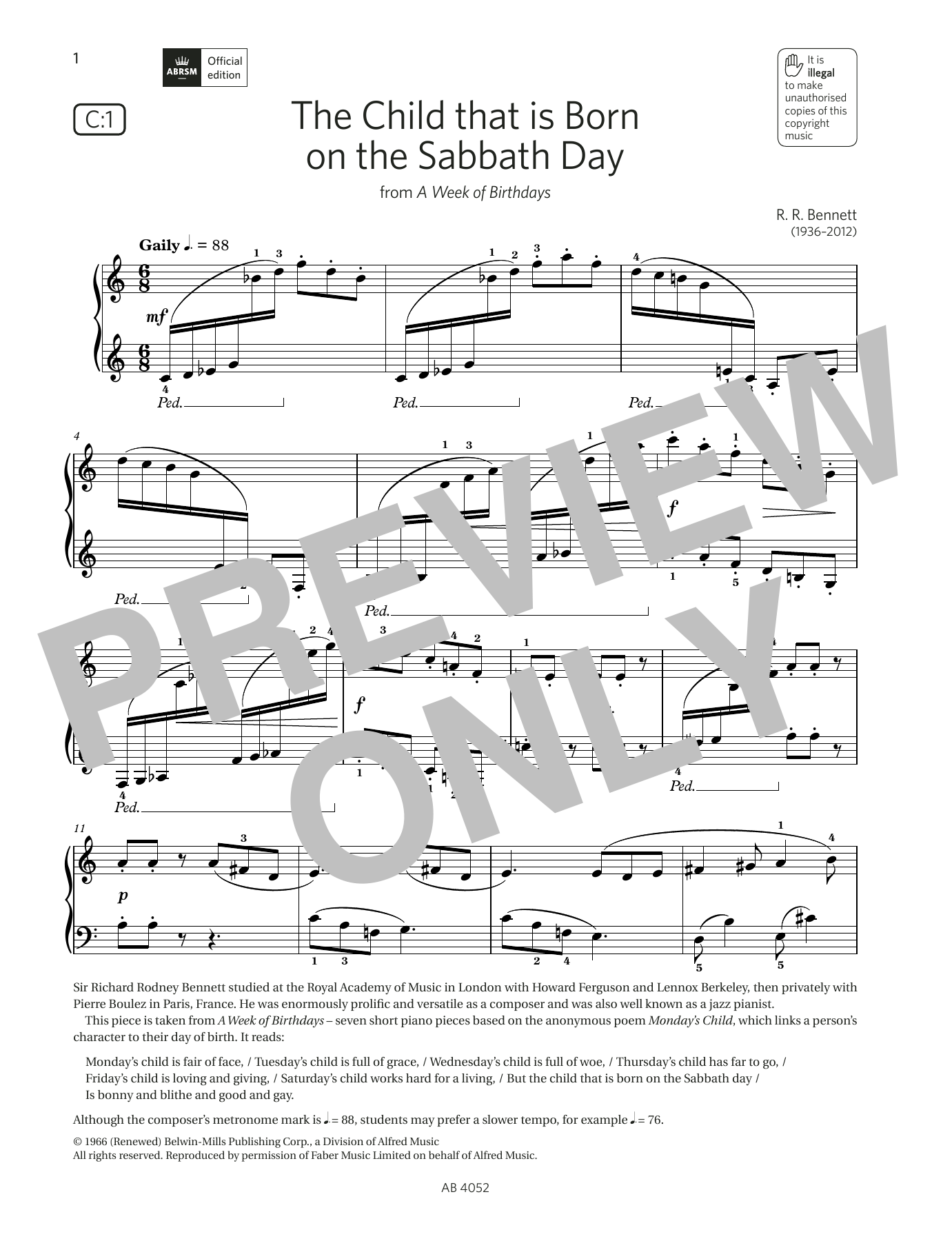 Product picture to: The Child that Is Born on the Sabbath Day (Grade 6, list C1, from ABRSM Piano Syllabus 2023 & 2024)