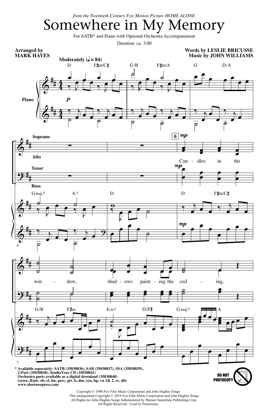 Product gallery: Page 1 of 1 Somewhere In My Memory (arr. Mark Hayes), John Williams