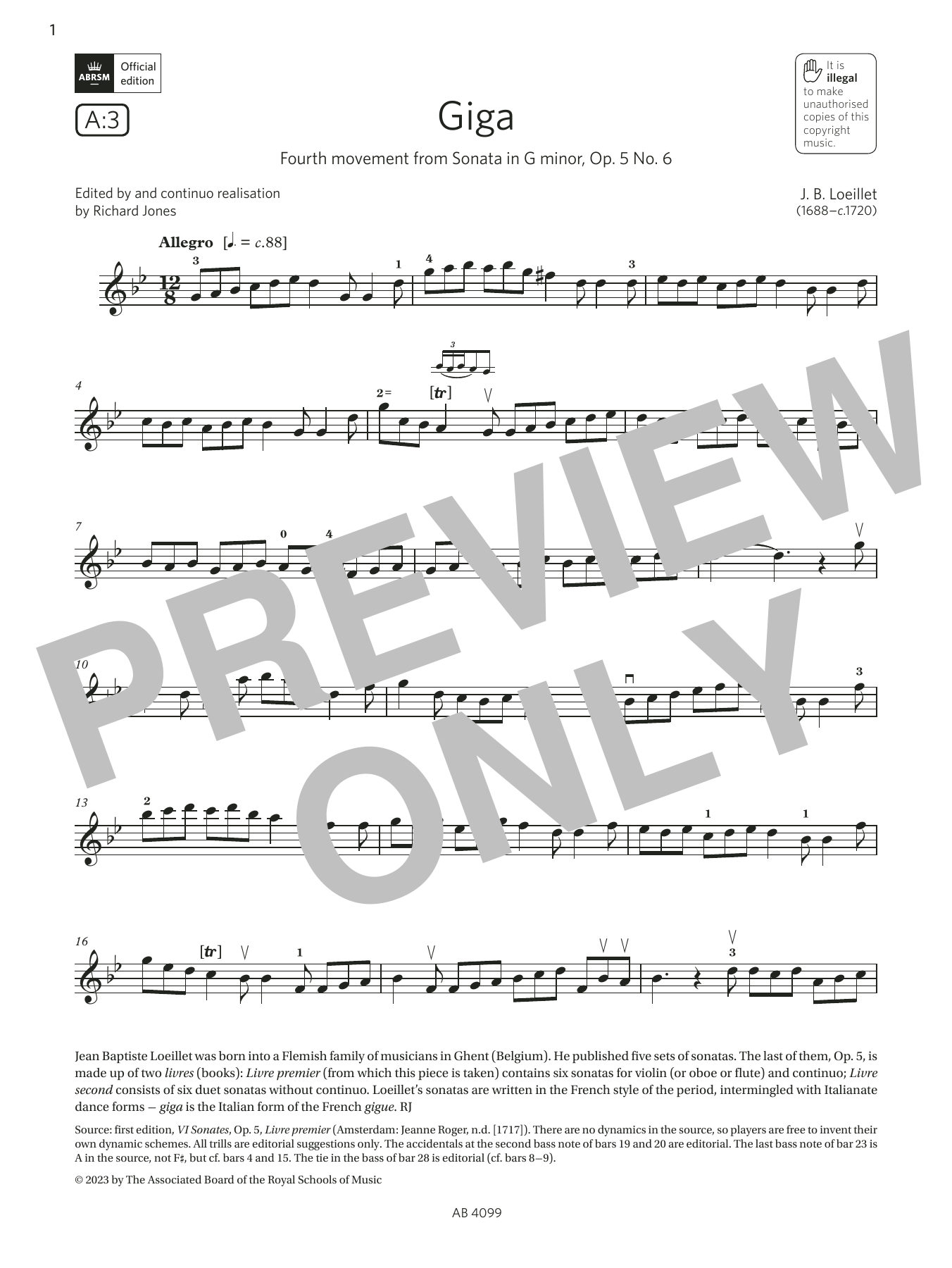 Product gallery: Page 1 of 1 Giga (Grade 5, A3, from the ABRSM Violin Syllabus from 2024), J. B. Loeillet