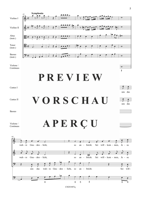 gallery: Sei willkommen, Jesulein (aus: Fest-, Buß- und Danklieder), , (5 Vokalstimmen, 2 Violinen und Continuo)