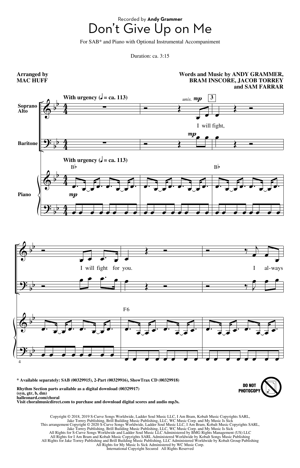 Product picture to: Don't Give Up On Me (arr. Mac Huff)