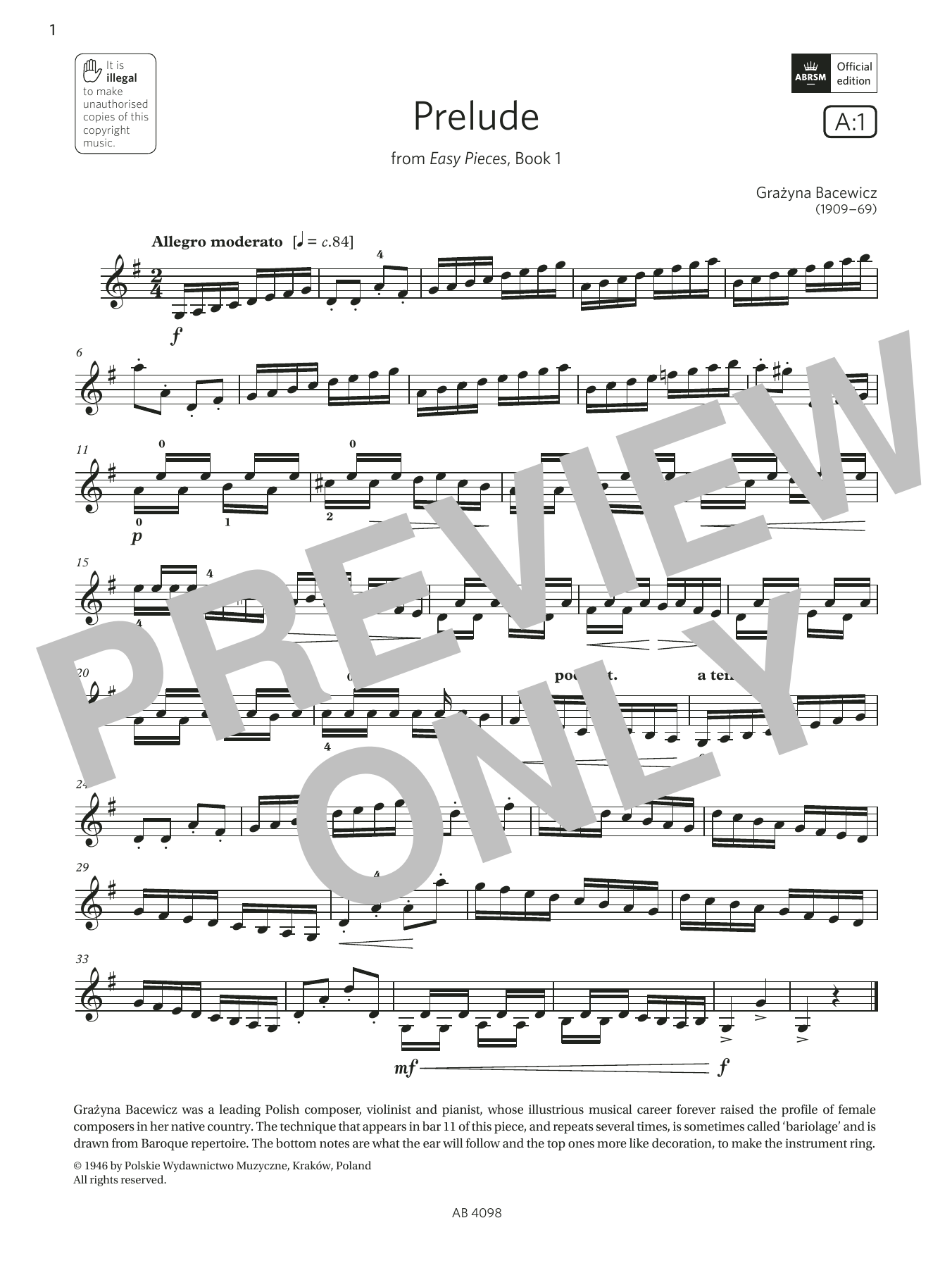 Product gallery: Page 1 of 1 Prelude (Grade 4, A1, from the ABRSM Violin Syllabus from 2024), Grażyna Bacewicz