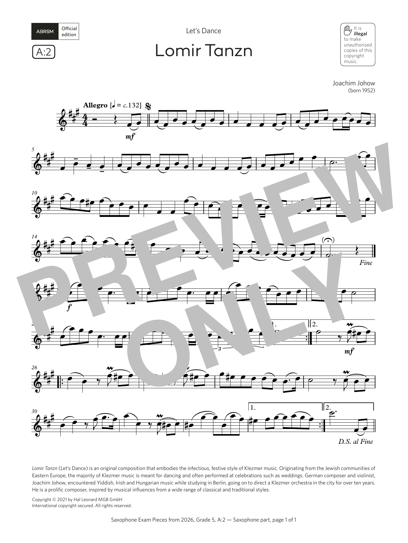 Product gallery: Page 1 of 1 Lomir Tanzn (Grade 5, list A2, from the ABRSM Saxophone Syllabus from 2026), Joachim Johow