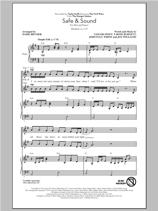 Produktgalerie: Seite 1 von 1 Safe & Sound (feat. The Civil Wars) (from The Hunger Games) (arr. Mark Brymer), Taylor Swift, Chor