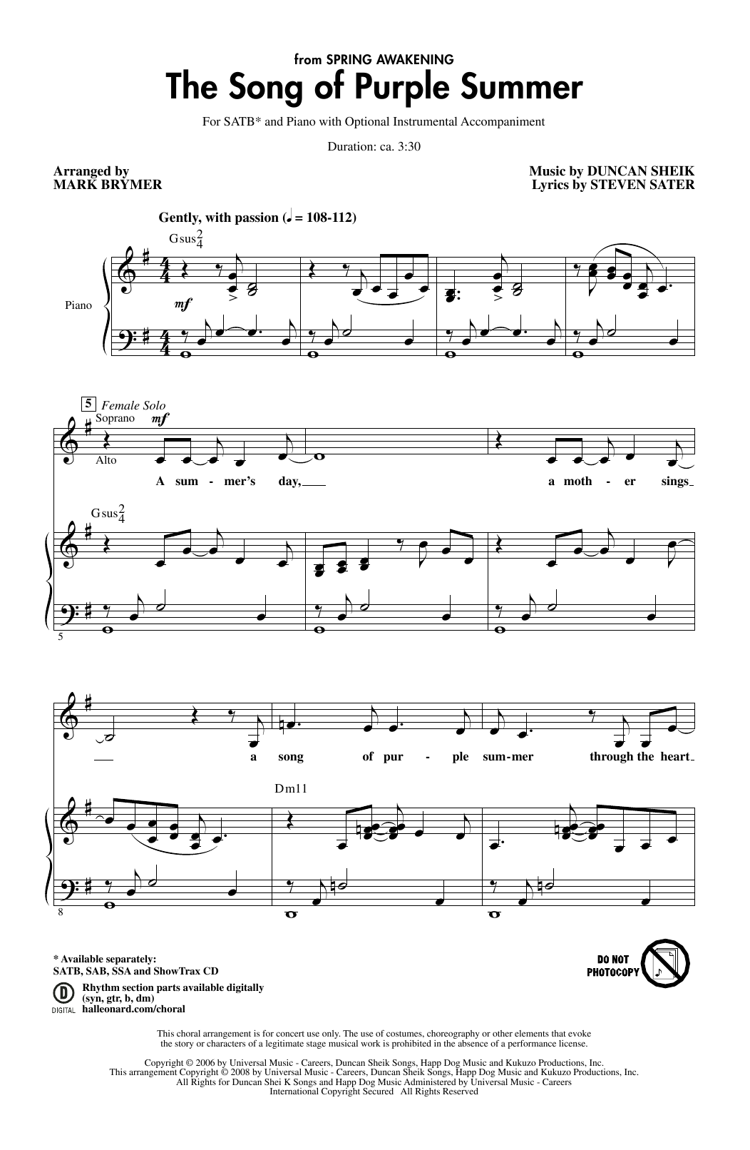 Produktbild zu: The Song Of Purple Summer (from Spring Awakening) (arr. Mark Brymer)