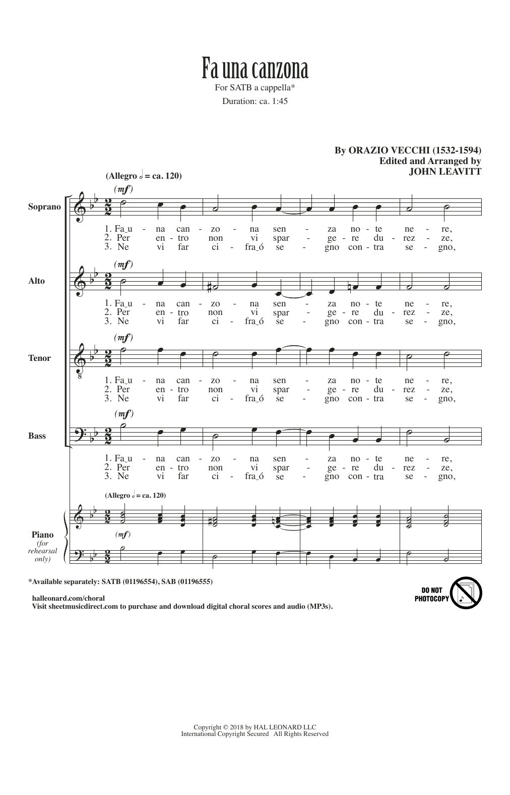 Product picture to: Fa Una Canzona (arr. John Leavitt)