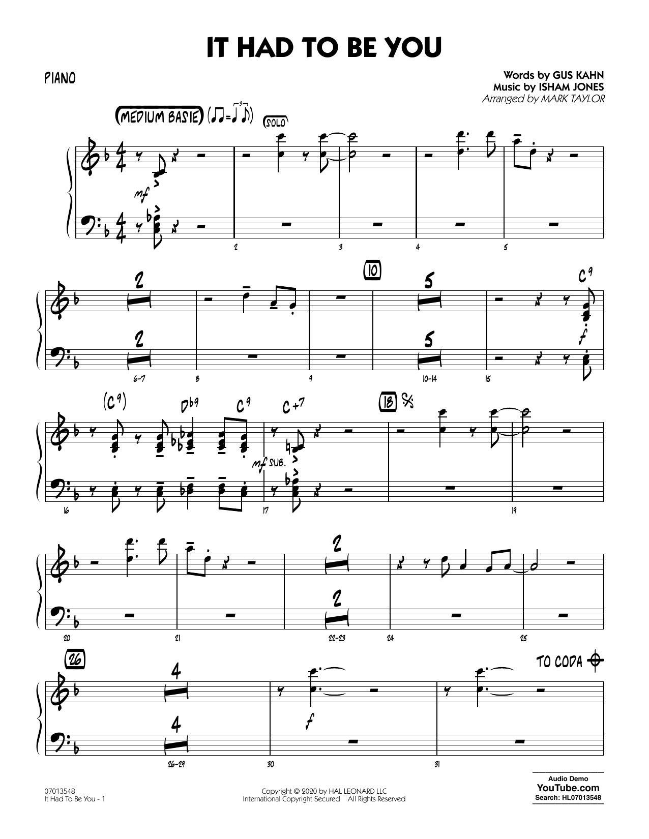 Produktgalerie: Seite 1 von 1 It Had to Be You (arr. Mark Taylor) - Piano, 