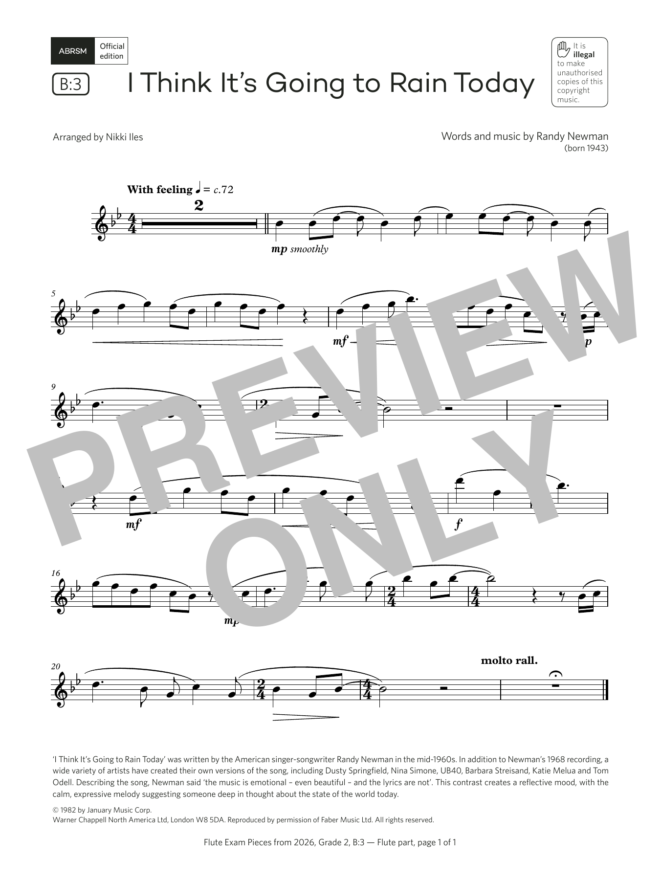 Product gallery: Page 1 of 1 I Think It's Going to Rain Today (Grade 2, list B3, from the ABRSM Flute Syllabus from 2026), Randy Newman