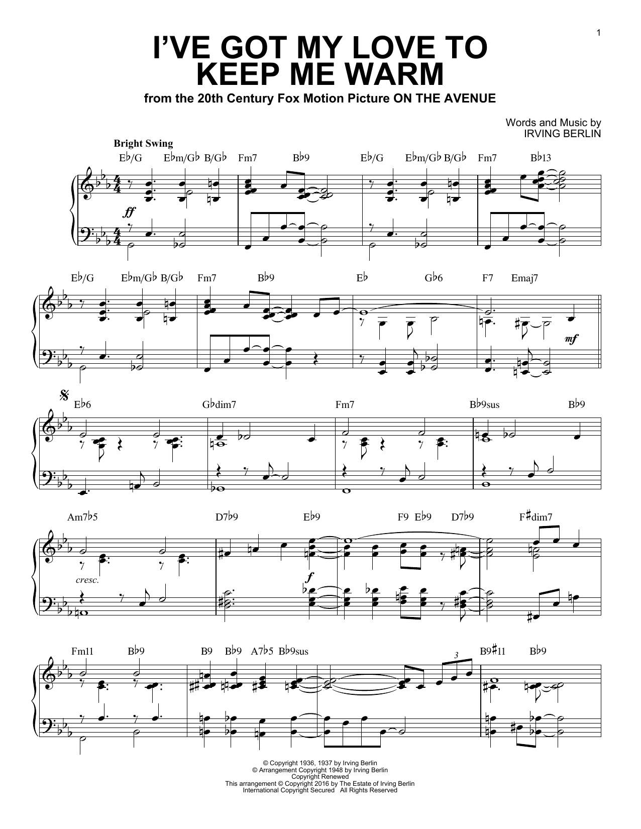 Product gallery: Page 1 of 1 I've Got My Love To Keep Me Warm [Jazz version] (arr. Brent Edstrom), Irving Berlin