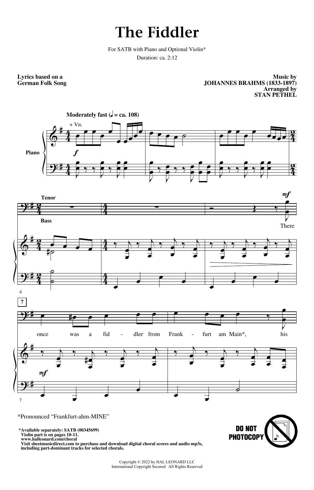 Produktgalerie: Seite 1 von 1 The Fiddler (arr. Stan Pethel), Johannes Brahms, Chor