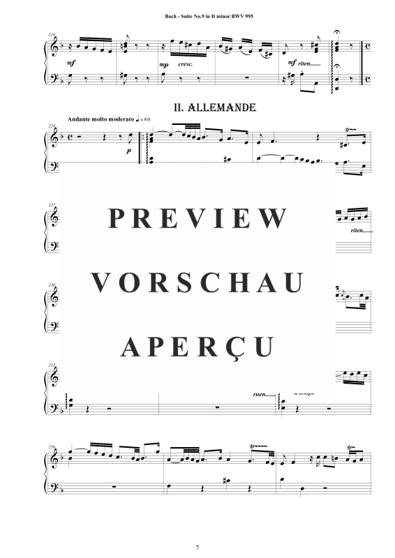 Produktgalerie: Seite 8 von 11 Suite No.9 in D-Moll BWV 995 - Complete Piano Version, , Klavier Solo