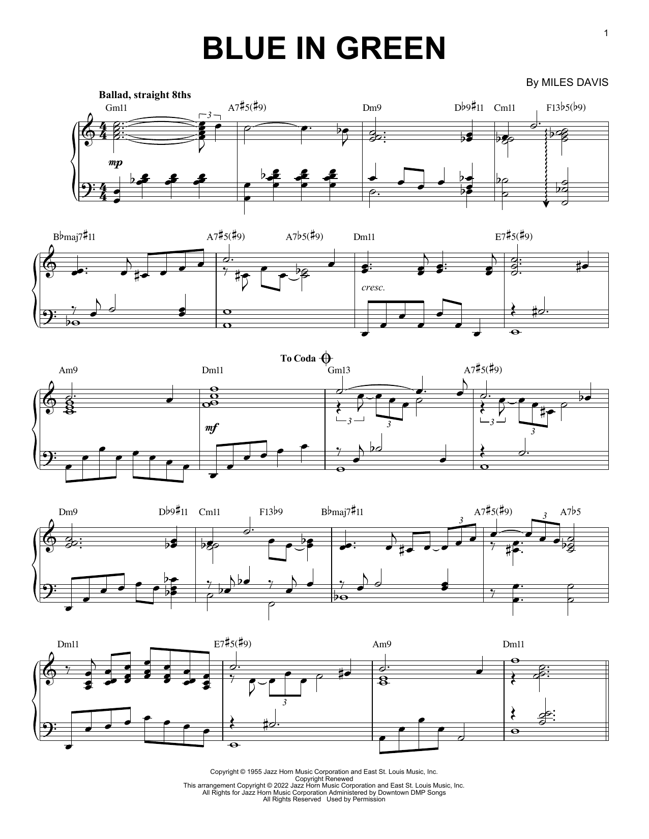 Produktbild zu: Blue In Green [Jazz version] (arr. Brent Edstrom)