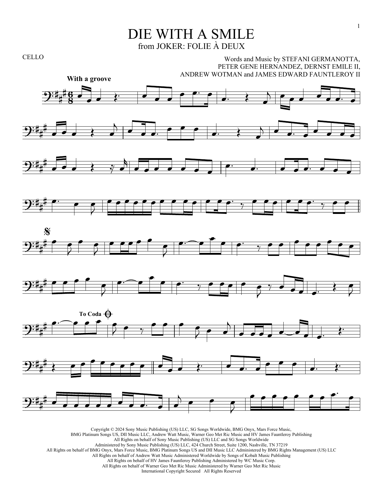 Produktgalerie: Seite 1 von 1 Die With A Smile, Bruno Mars And Lady Gaga, Violoncello