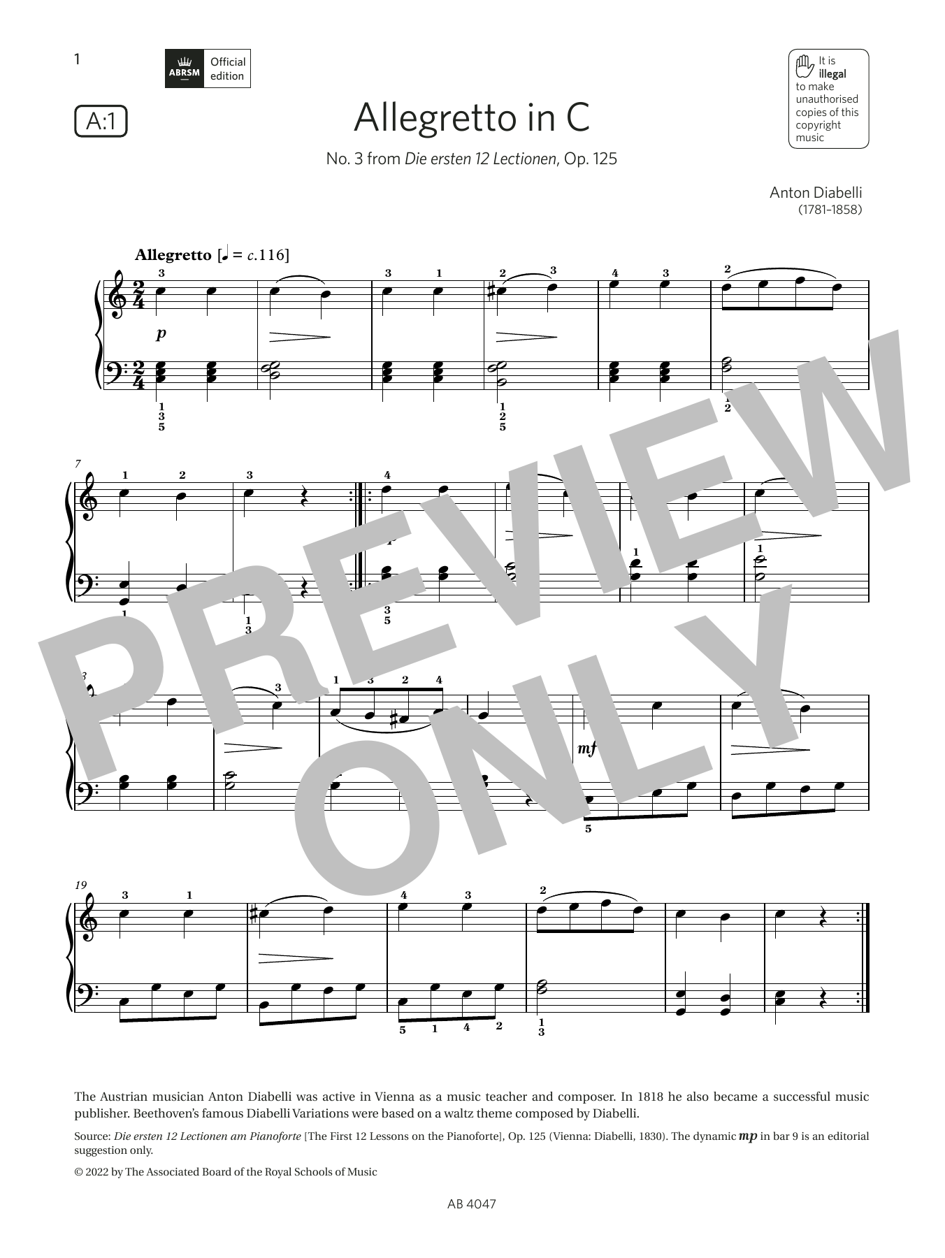 Produktbild zu: Allegretto in C (Grade 1, list A1, from the ABRSM Piano Syllabus 2023 & 2024)