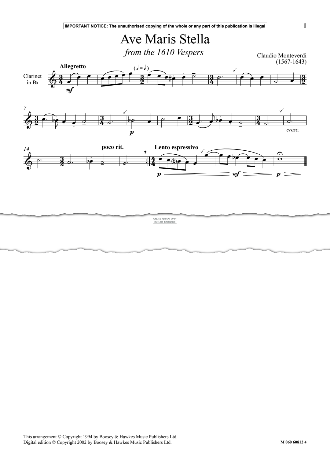 Produktgalerie: Seite 1 von 1 Ave Maris Stella from the 1610 Vespers, Claudio Monteverdi, Klarinette, Klavier