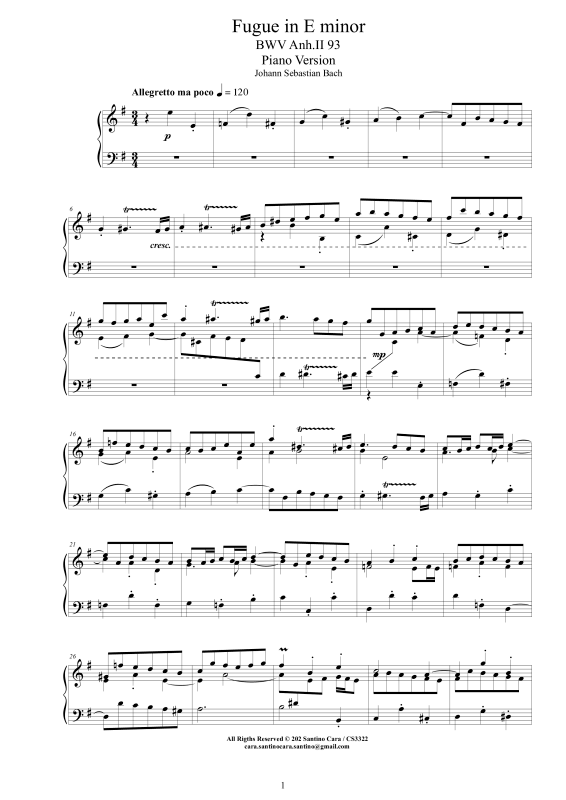 Produktbild zu: Fuge in E-Moll BWV Anh. II 93 - Piano VersionJohann Sebastian Bach