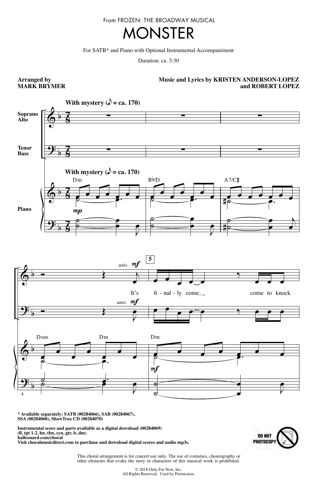 Produktbild zu: Monster (from Frozen: The Broadway Musical) (arr. Mark Brymer)
