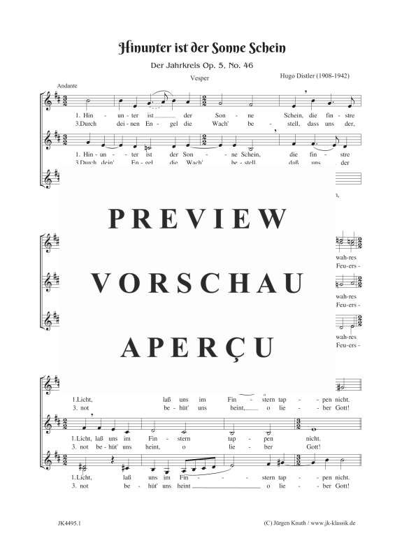 Produktbild zu: Hinunter ist der Sonne Schein (Der Jahrkreis Op. 5,No.46)Hugo Distler