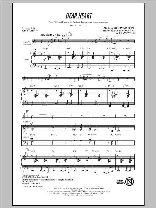 Product gallery: Page 1 of 1 Dear Heart (arr. Kirby Shaw), Henry Mancini