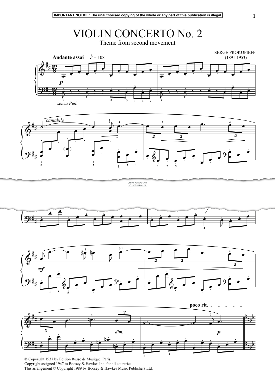 Produktgalerie: Seite 1 von 1 Violin Concerto No. 2, Theme from 2nd Movement, Serge Prokofieff, Klavier
