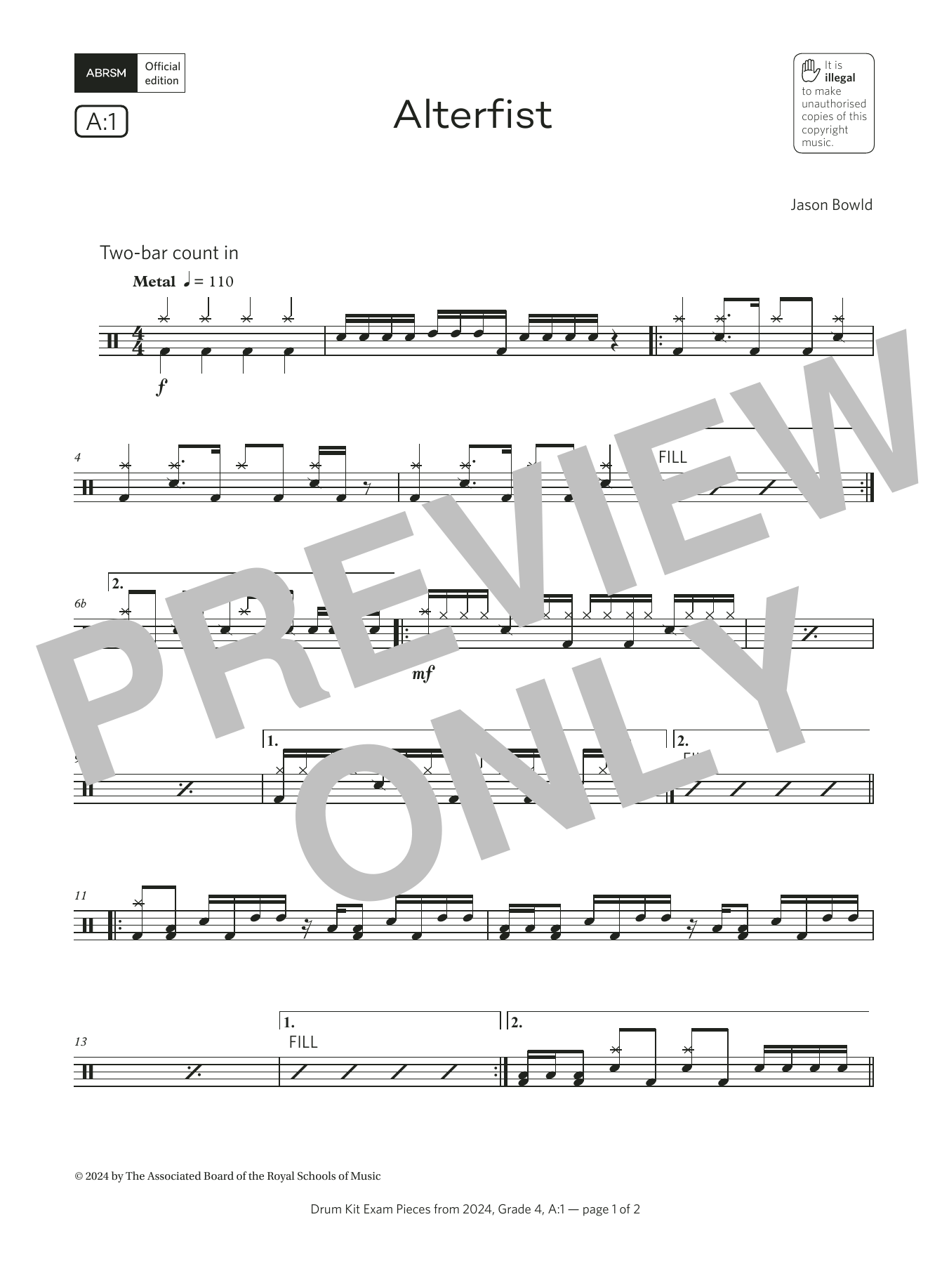 Product gallery: Page 1 of 1 Alterfist (Grade 4, list A1, from the ABRSM Drum Kit Syllabus 2024), Jason Bowld