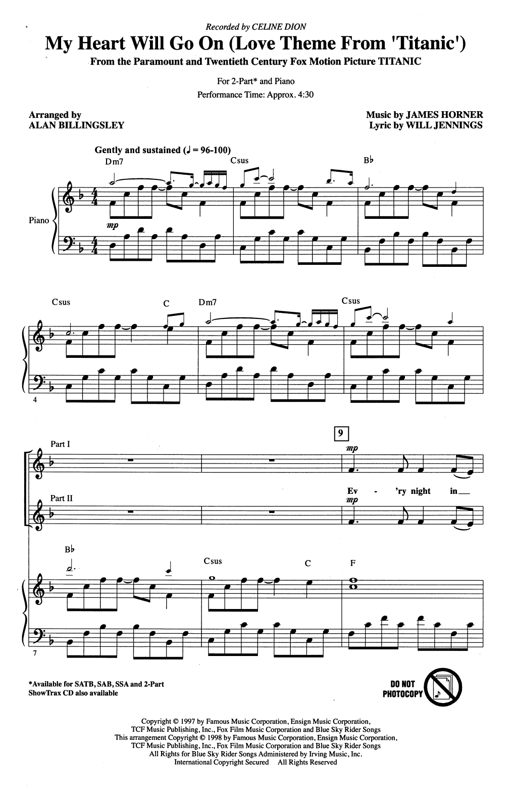 Product picture to: My Heart Will Go On (Love Theme From 'Titanic') (arr. Alan Billingsley)