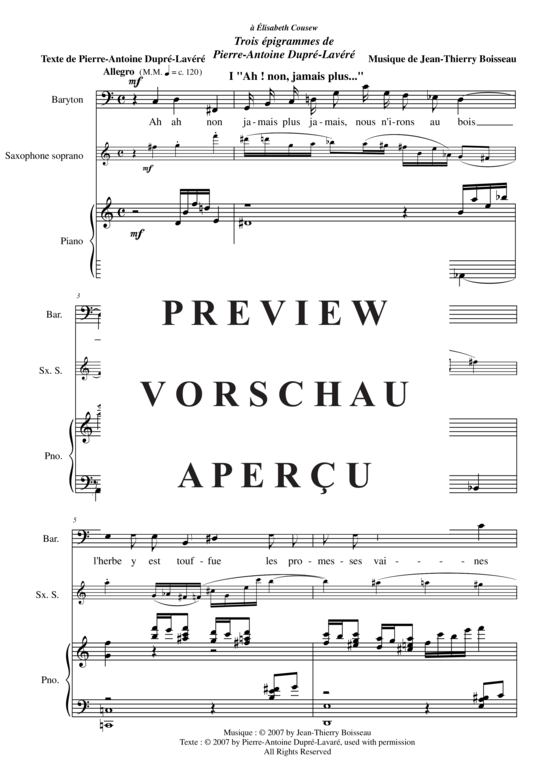 Product gallery: Page 4 of 16 Trois Épigrammes de Pierre-Antoine Dupré-Lavaré , , (baritone voice, soprano saxophone + piano)