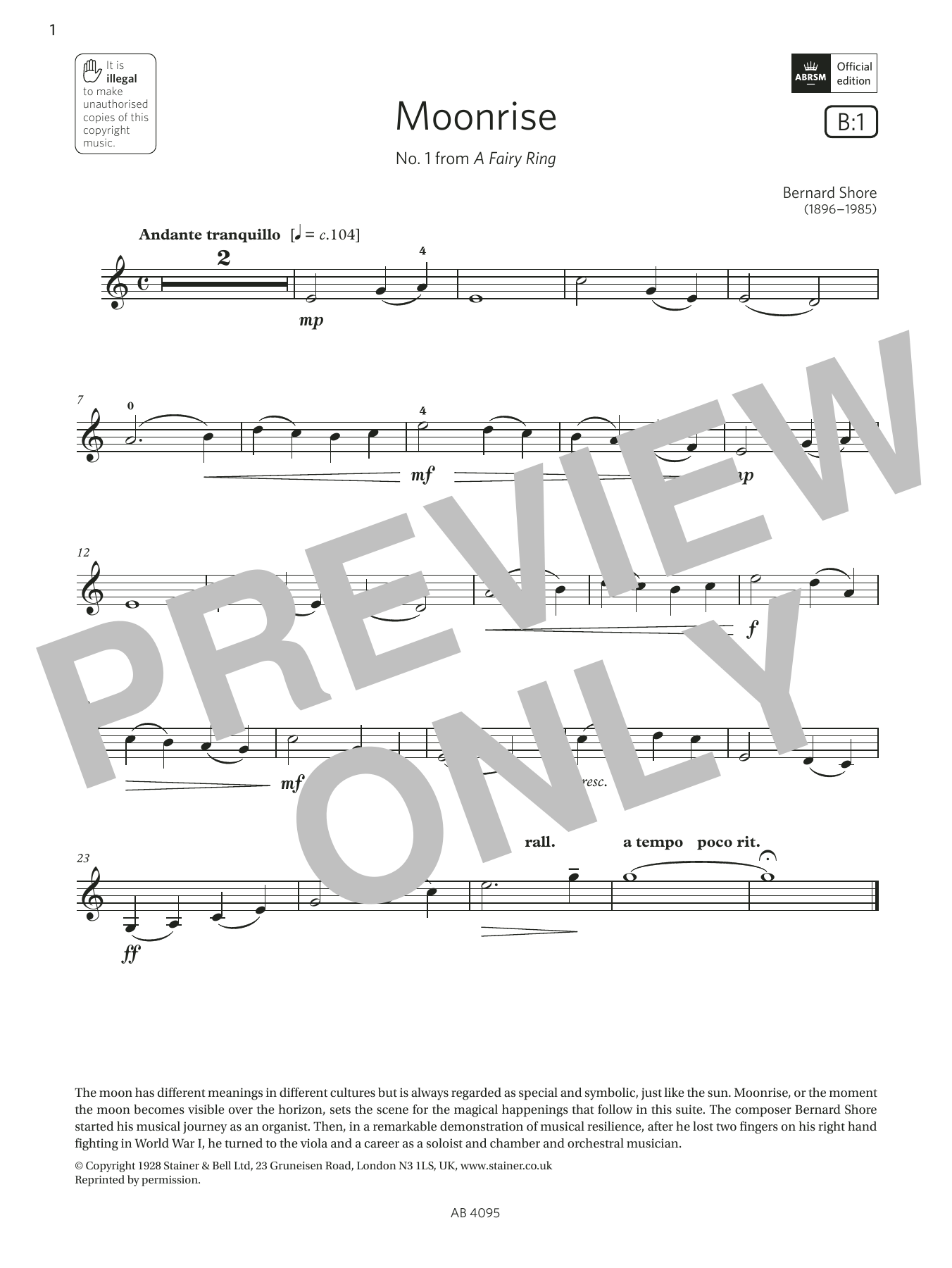 Product gallery: Page 1 of 1 Moonrise (Grade 1, B1, from the ABRSM Violin Syllabus from 2024), Bernard Shore