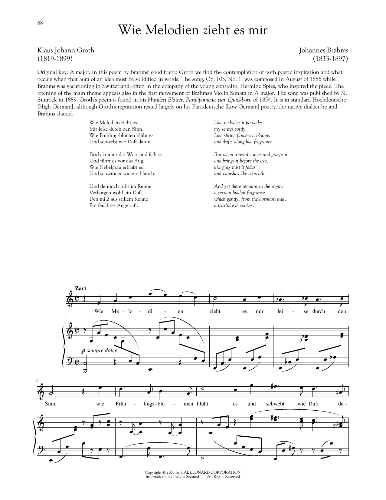 Produktgalerie: Seite 1 von 1 Wie Melodien Zieht Es Mir, Op. 105, No. 1, Johannes Brahms, Gesang, Klavier