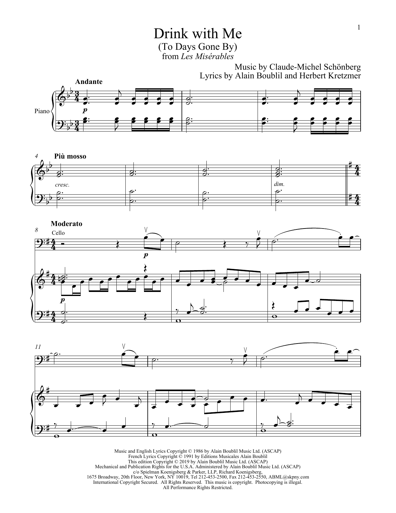 Produktgalerie: Seite 1 von 1 Drink With Me (To Days Gone By) (from Les Miserables), Boublil and Schonberg, Klavier, Violoncello