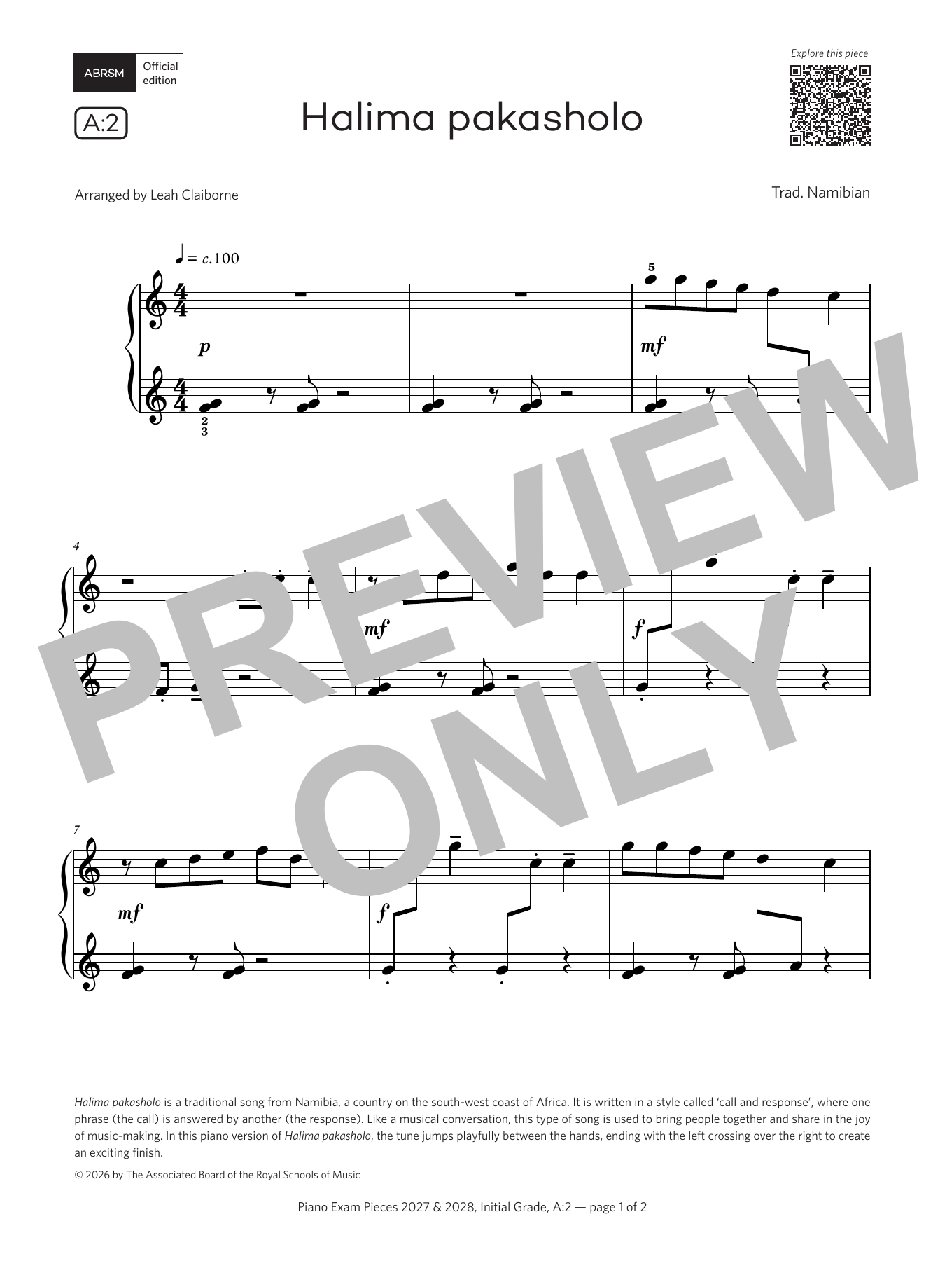 Produktgalerie: Seite 1 von 1 Halima pakasholo (Grade Initial, list A2, from the ABRSM Piano Syllabus 2027 & 2028), Traditional Namibian, Klavier