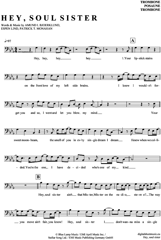 Product gallery: Page 1 of 4 Hey, soul sister , Train, (Posaune / Bariton)