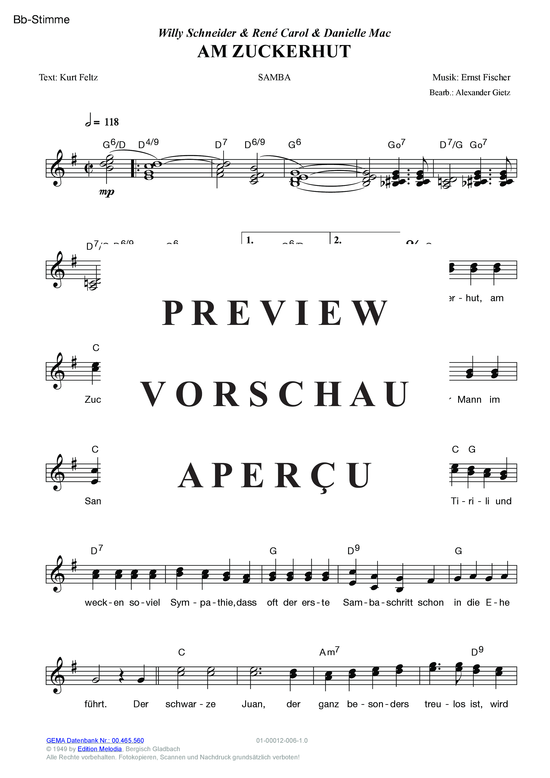 Produktgalerie: Seite 7 von 13 Am Zuckerhut , Schneider, Willy/Carol, Rene/Mac, Danielle, (Melodie-Stimmen in C/B/Es)