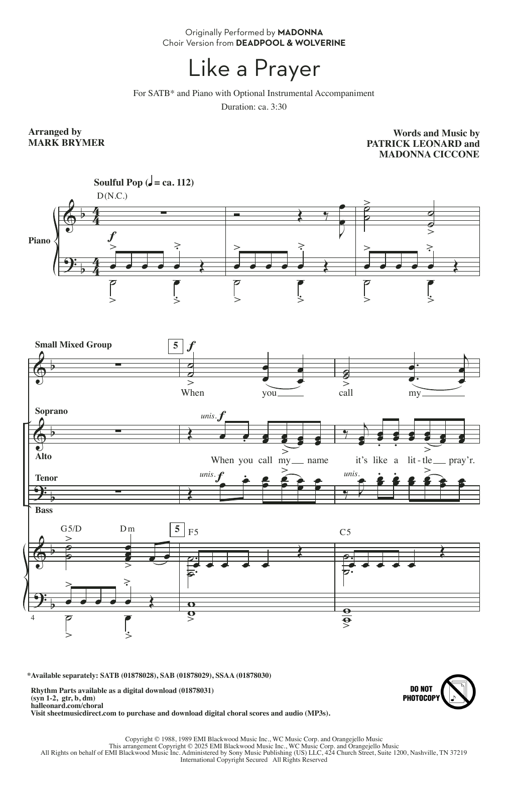 Produktbild zu: Like A Prayer (from Deadpool & Wolverine) (arr. Mark Brymer)