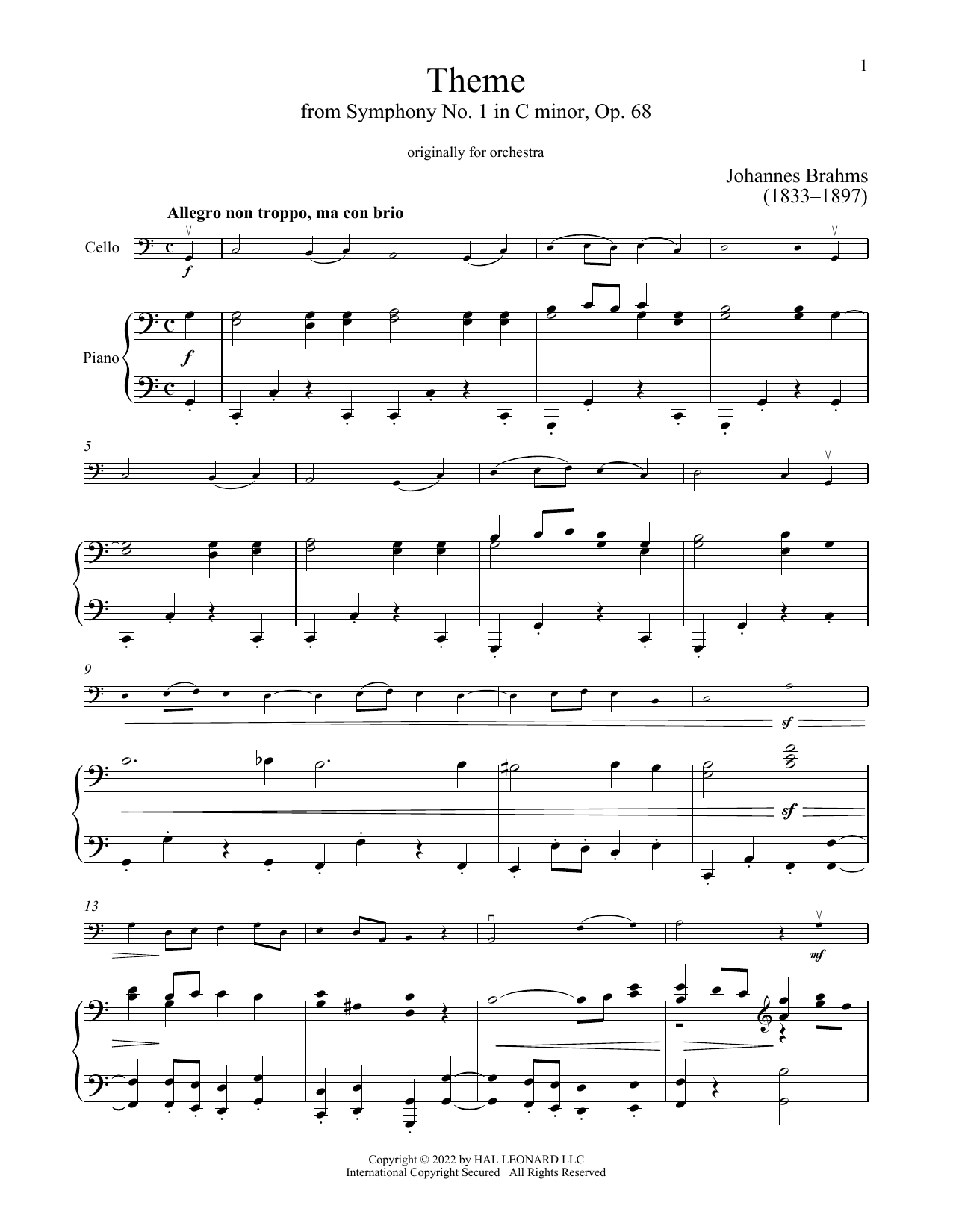 Produktgalerie: Seite 1 von 1 Symphony No. 1 In C Minor, Fourth Movement Excerpt, Johannes Brahms, Klavier, Violoncello