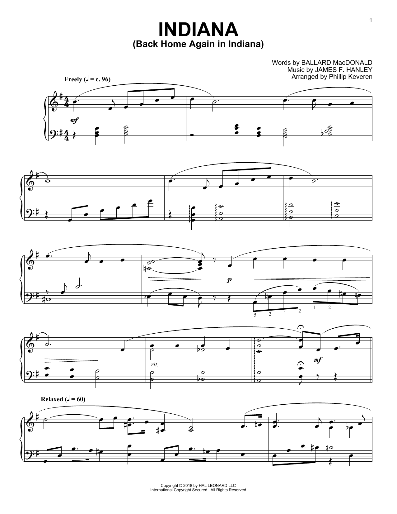 Product gallery: Page 1 of 1 Indiana (Back Home Again In Indiana) [Jazz version] (arr. Phillip Keveren), James F. Hanley