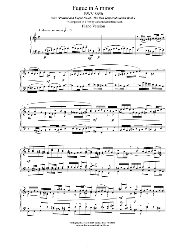 Produktbild zu: Fuge in A-Moll BWV 865b - Piano VersionJohann Sebastian Bach