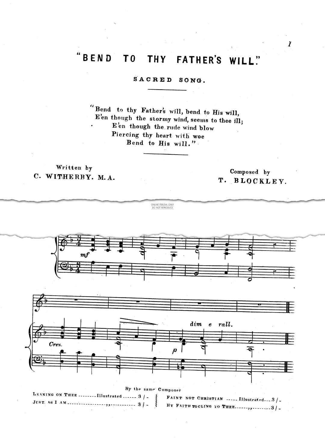 Produktgalerie: Seite 1 von 1 Bend To Thy Father's Will, T. Blockley, Gesang, Klavier