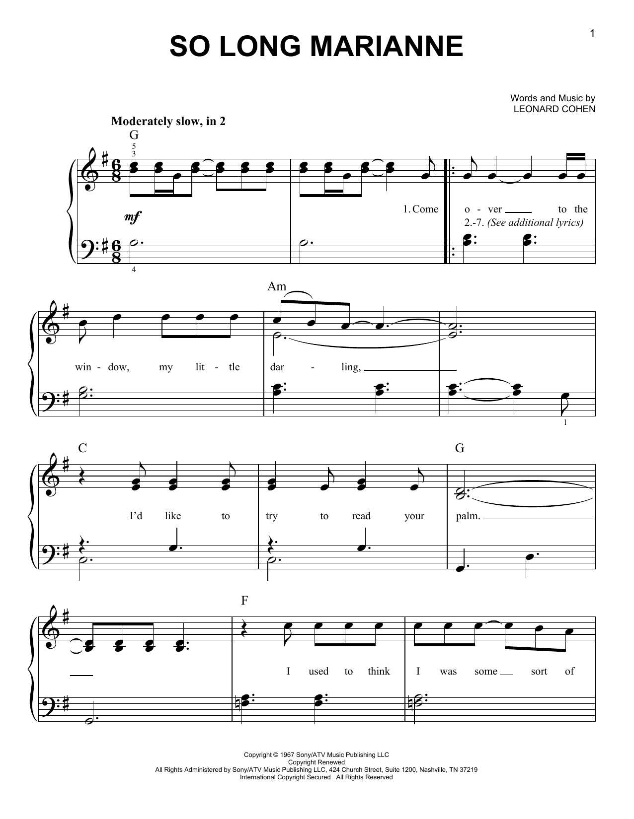 Produktgalerie: Seite 1 von 1 So Long Marianne, Leonard Cohen, Klavier