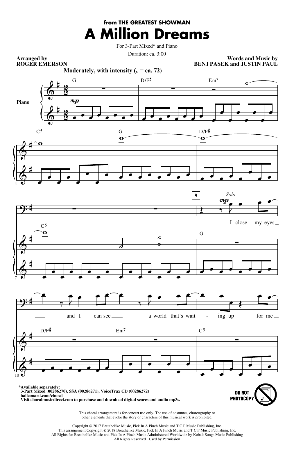 Product gallery: Page 1 of 1 A Million Dreams (from The Greatest Showman) (arr. Roger Emerson), Pasek & Paul