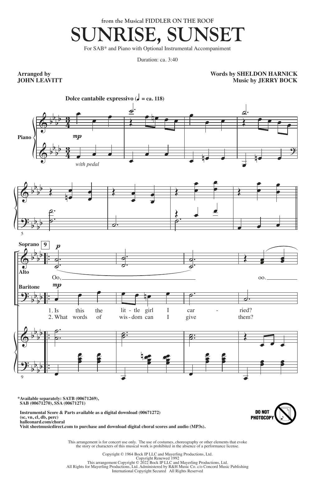 Product picture to: Sunrise, Sunset (from Fiddler On The Roof) (arr. John Leavitt)