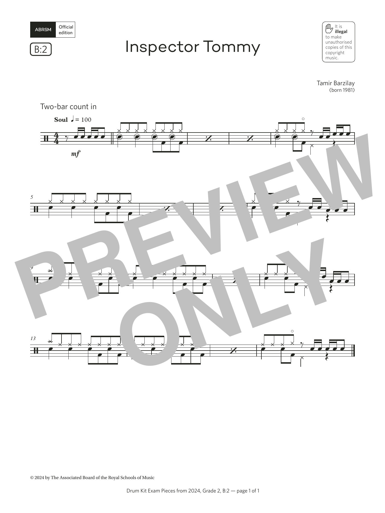 Product gallery: Page 1 of 1 Inspector Tommy (Grade 2, list B2, from the ABRSM Drum Kit Syllabus 2024), Tamir Barzilay