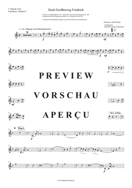 Produktgalerie: Seite 14 von 21 Hoch! Großherzog Friedrich , Blasorchester Fatamo, (Blechbläser Quintett - flexible Besetzung + Schlagzeug)