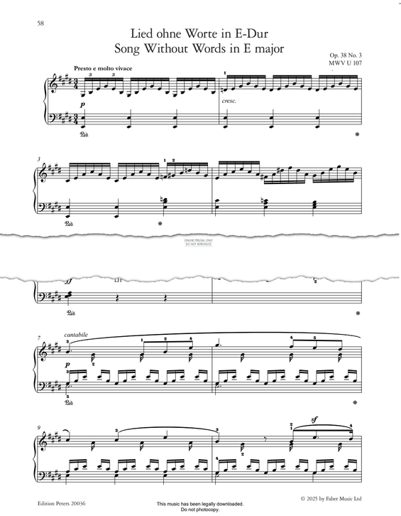 Produktgalerie: Seite 1 von 1 Song Without Words in E Major Op.38, No.3, Felix Mendelssohn, Klavier